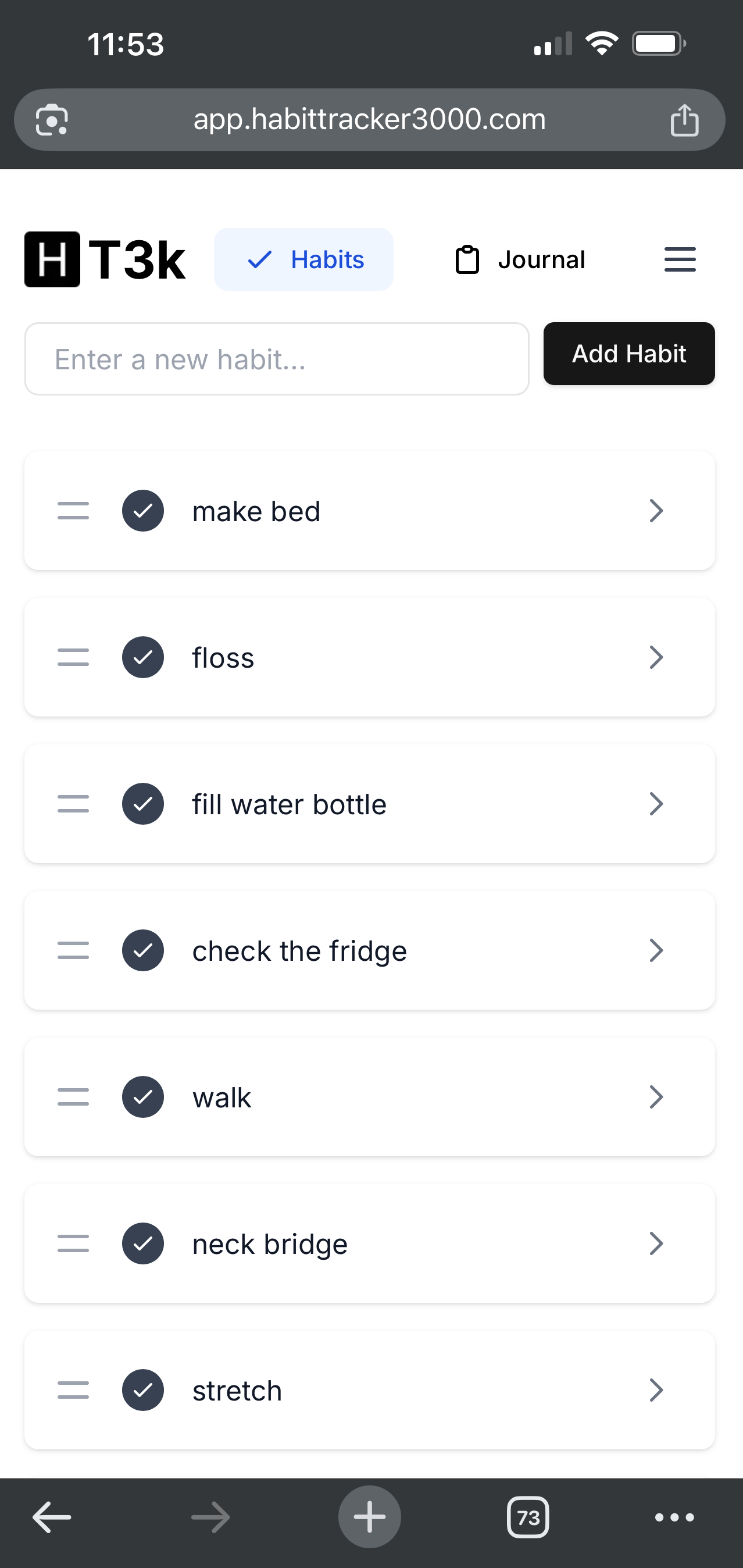 Habit Tracker 3000 interface showing completed habits